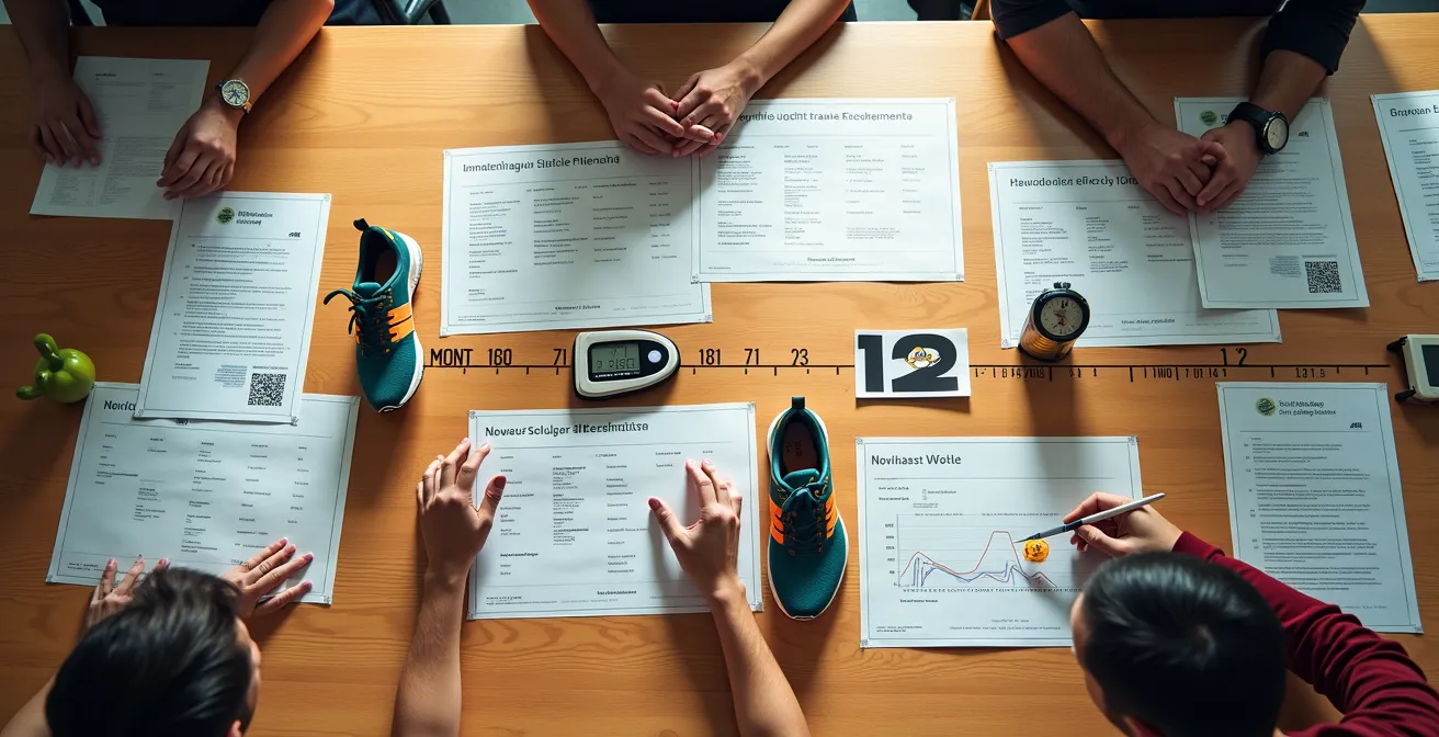 Zeitstrahl der 12-monatigen Planung eines Laufevents mit wichtigen Meilensteinen