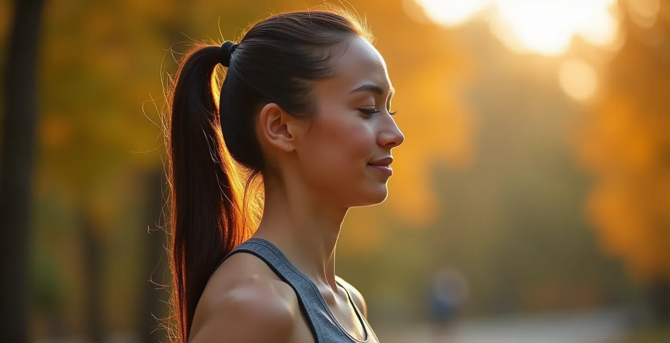 Nahaufnahme eines Läufers mit Fokus auf bewusste Atmung und Körperhaltung