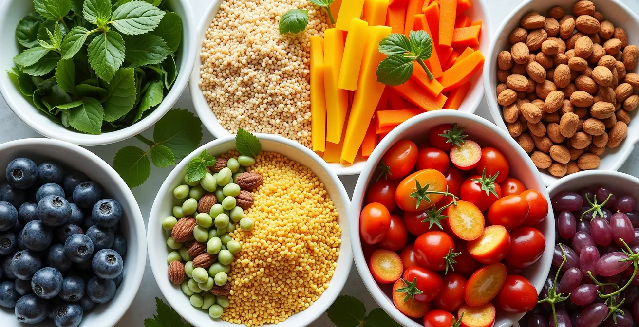 Modulares Buffet-System mit verschiedenen Basis-Komponenten und Toppings, das Flexibilität für diverse Ernährungsbedürfnisse bietet.