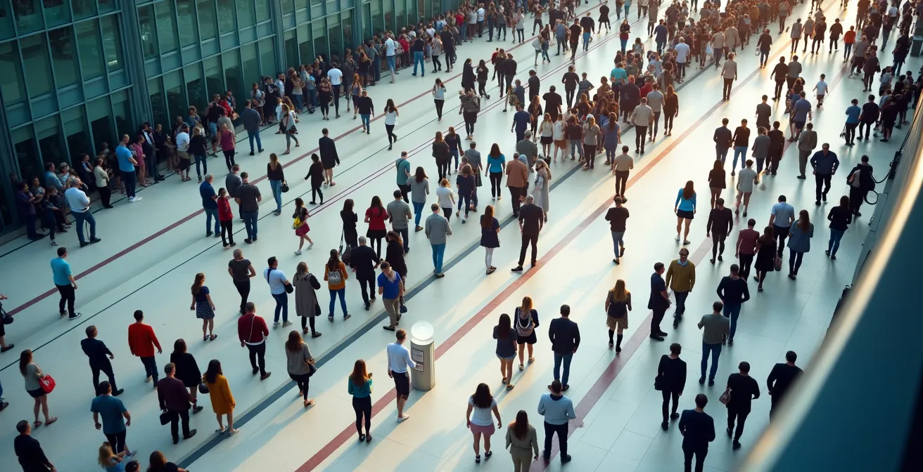 Dynamisches Besucherleitsystem bei einer Großveranstaltung, das Menschenströme durch klare Wegeführungen kanalisiert.