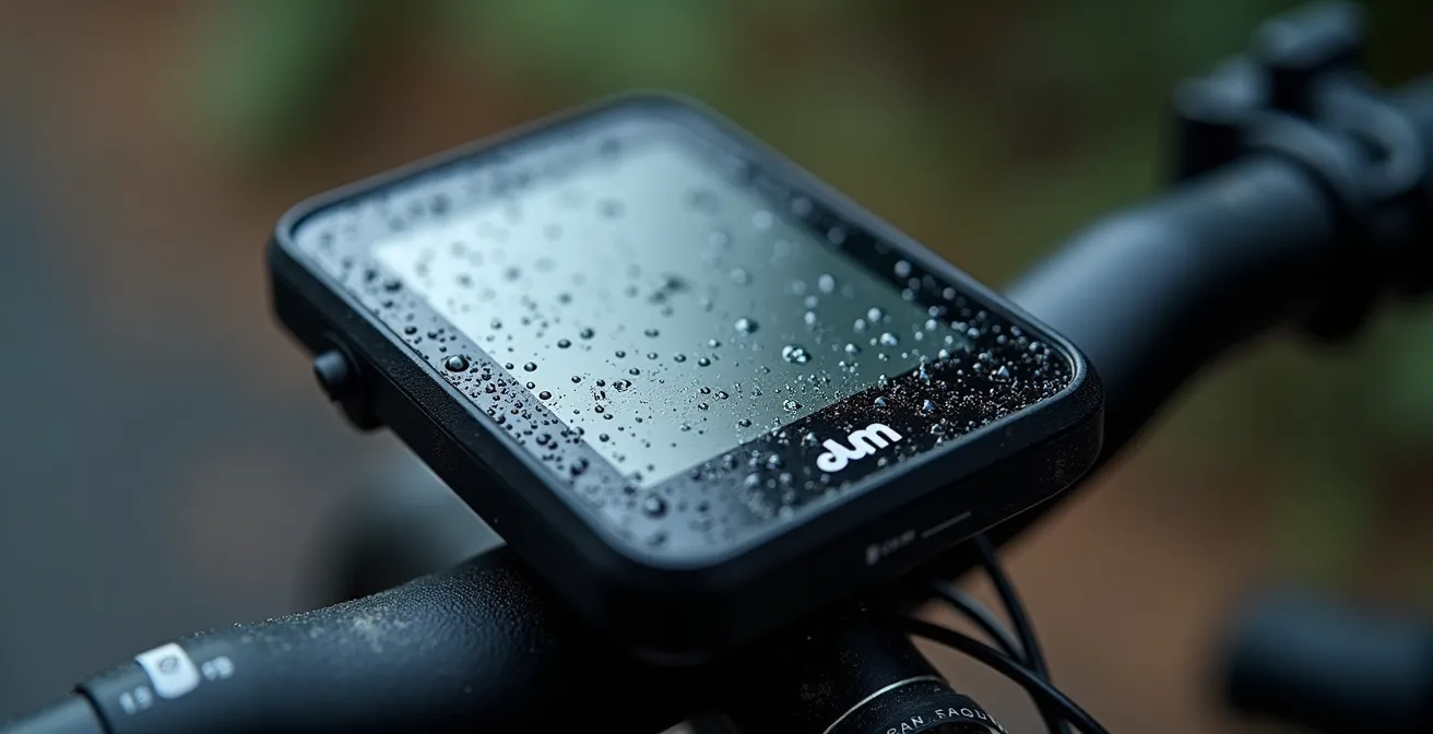 Makroaufnahme eines digitalen CO2-Messgeräts mit Sportausrüstung im Hintergrund, das die Quantifizierung und Messung symbolisiert.