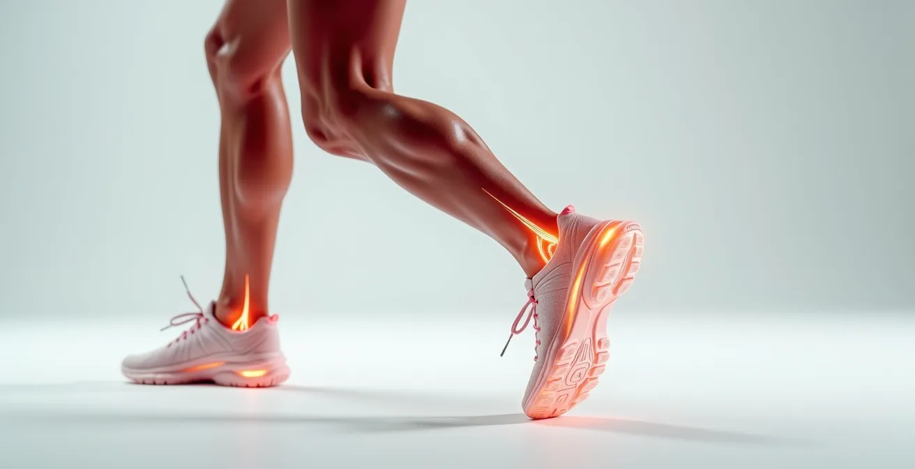 Detailaufnahme der drei kritischen Gelenkwinkel beim Laufen - Sprunggelenk, Knie und Hüfte