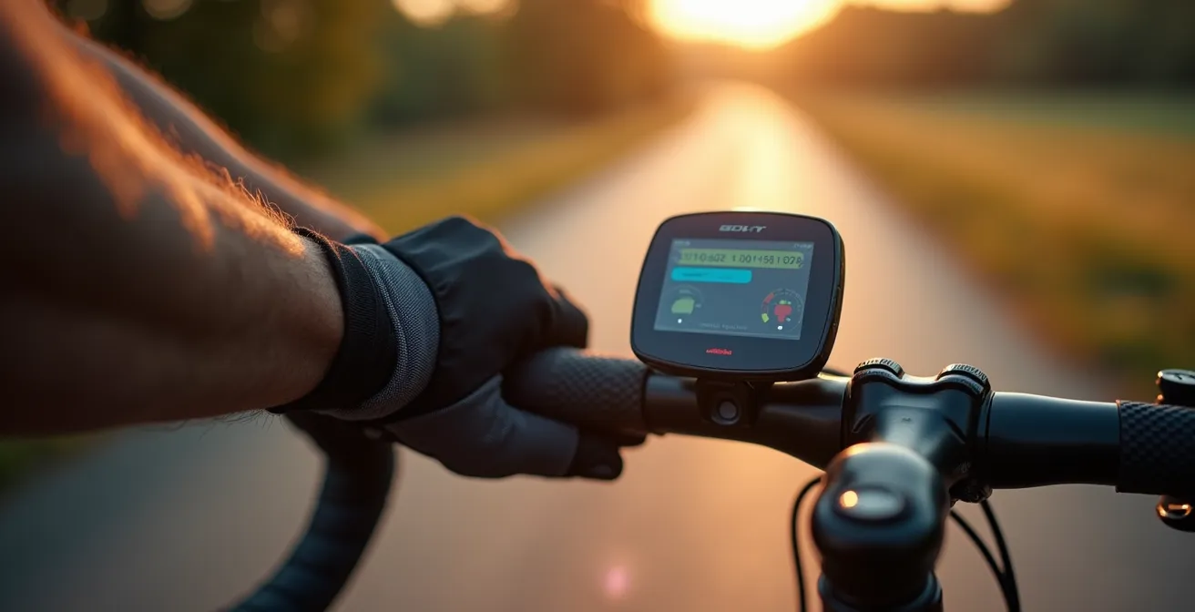 Radfahrer analysiert Trainingsdaten auf Fahrradcomputer während einer Tour