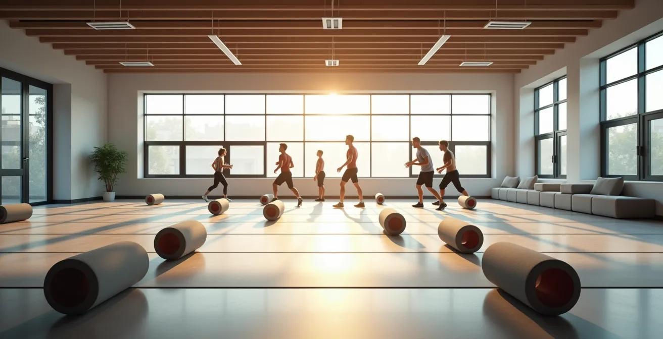 Professionell ausgestattete Aufwärmzone für 200 Athleten bei einem Wettkampfevent