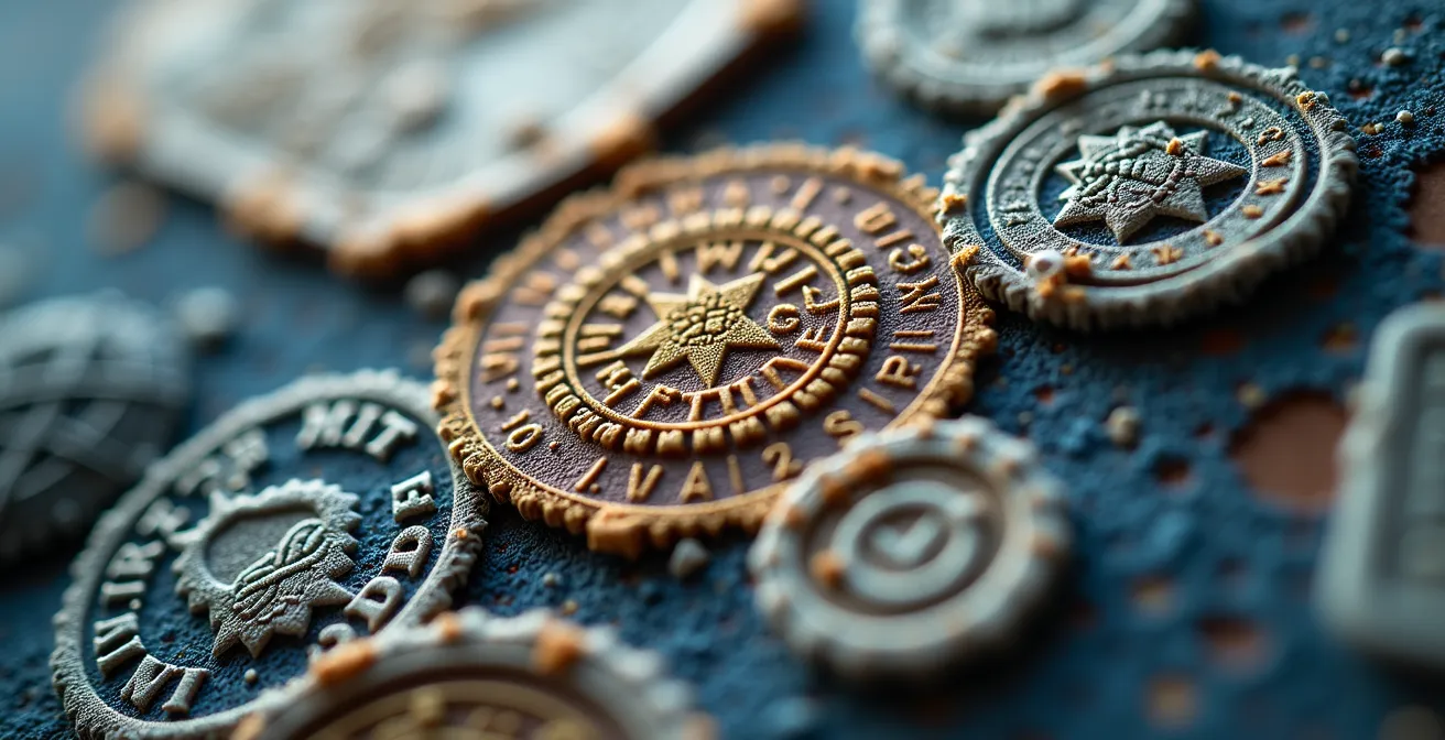 Makroaufnahme verschiedener Textilsiegel auf Kleidungsetiketten, die die Komplexität der Zertifizierungen andeutet.