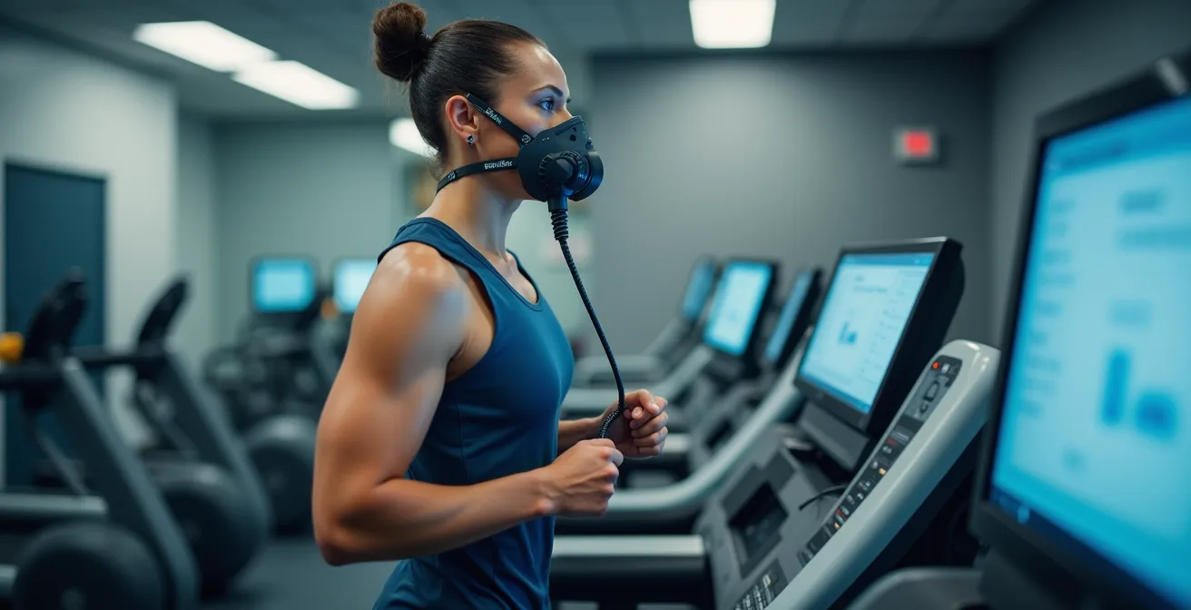 Sportler bei Leistungsdiagnostik auf dem Laufband mit Atemmaske im Sportlabor