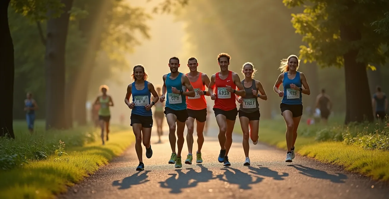 Gruppe von Laufanfängern verschiedenen Alters beim gemeinsamen Training in einem deutschen Park