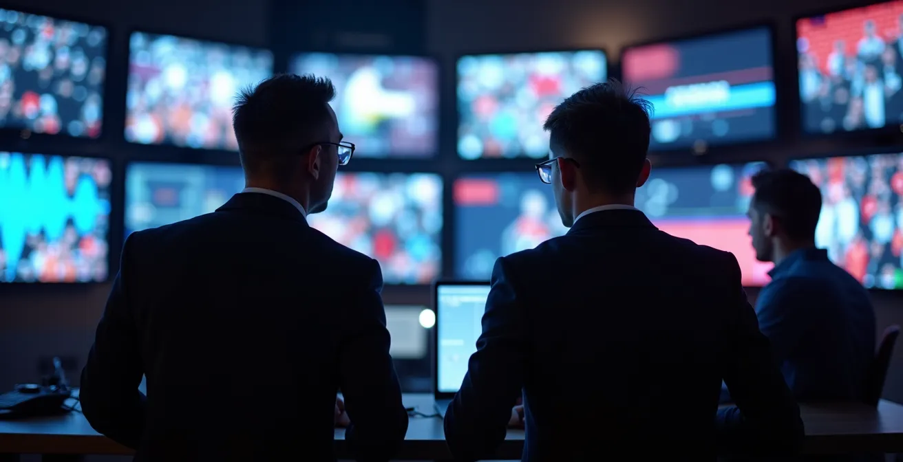 Kontrollraum mit mehreren Bildschirmen zeigt Live-Produktion während Sportevent