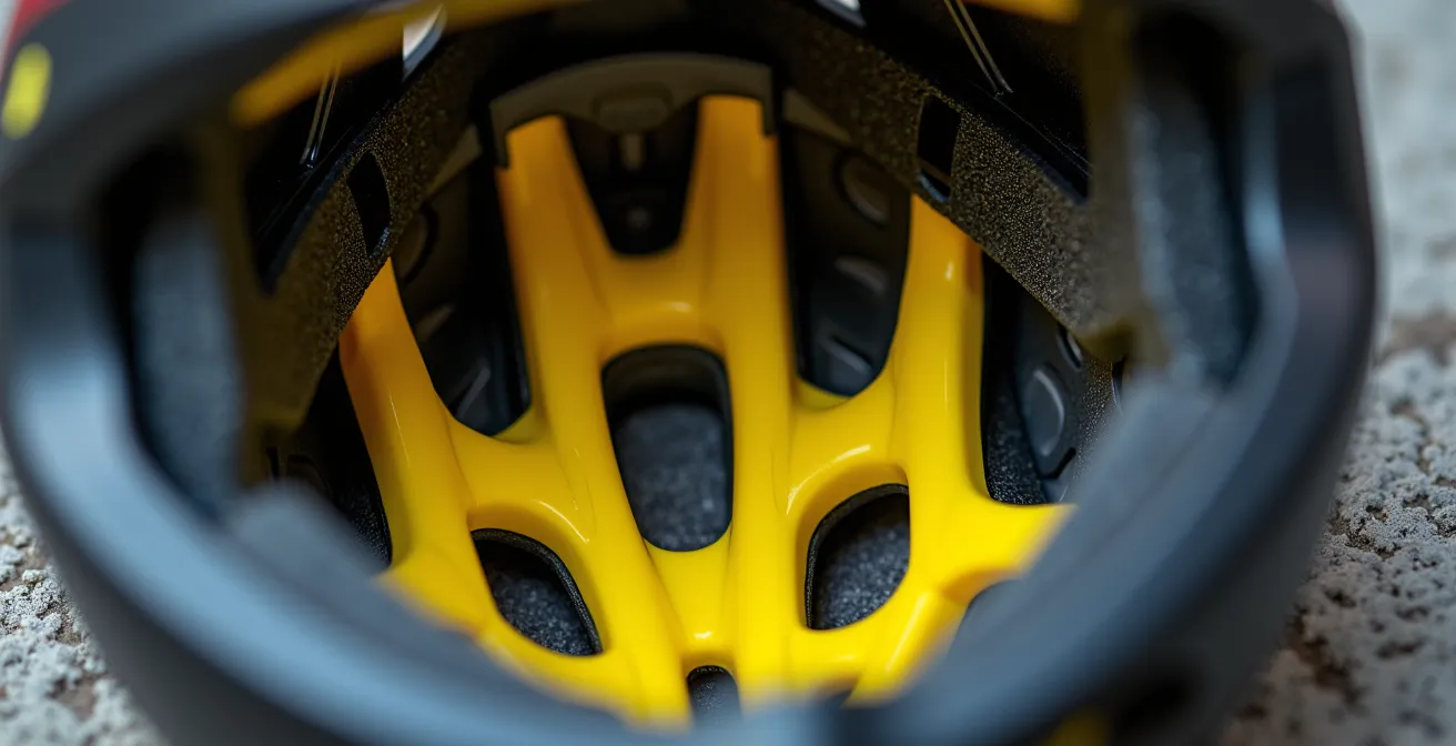 Makroaufnahme der gelben MIPS-Schicht im Inneren eines Fahrradhelms