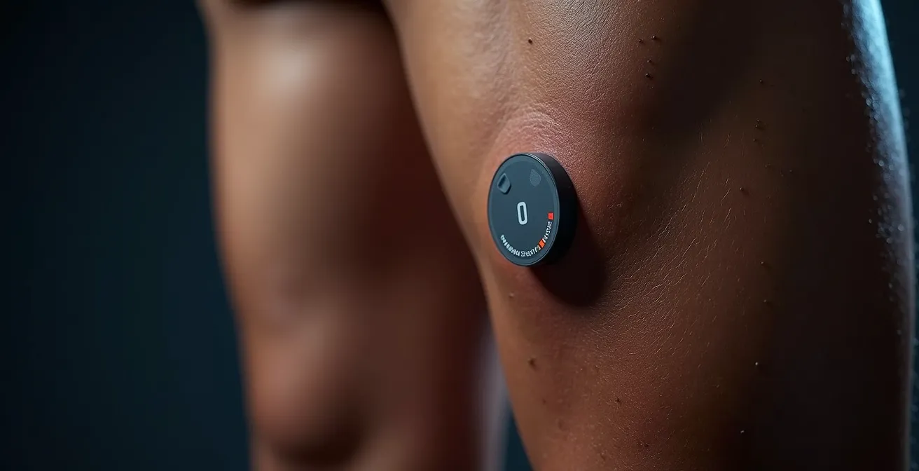 Nahaufnahme eines Muskelsauerstoffsensors am Oberschenkel eines Läufers während des Trainings