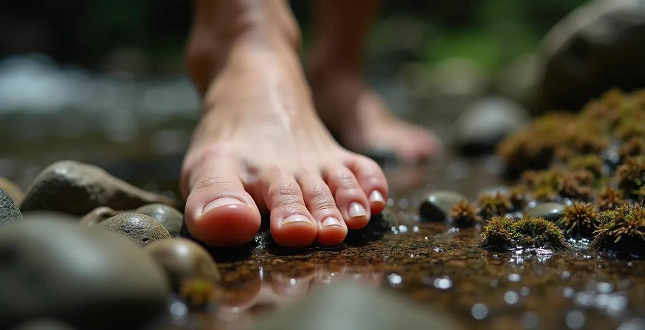 Nahaufnahme eines Fußes auf unebenem Untergrund mit sichtbarer Muskelaktivierung