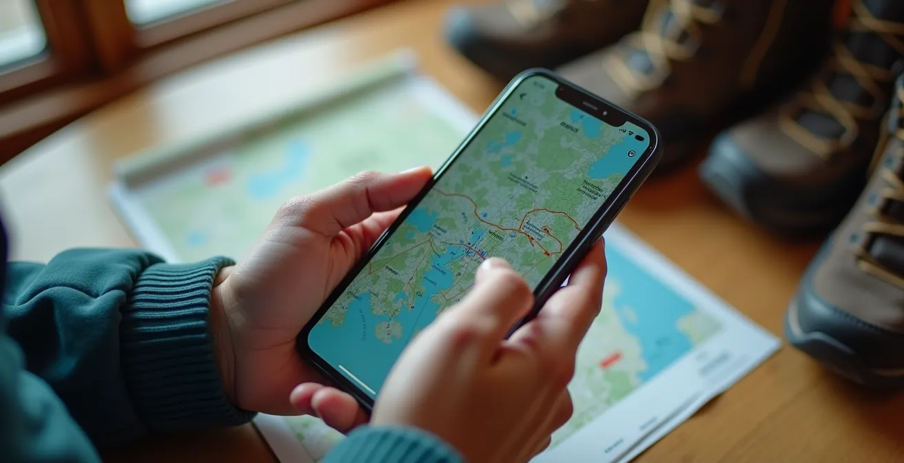 Detailaufnahme eines Smartphone-Bildschirms beim Download von Offline-Kartenmaterial für eine Alpentour