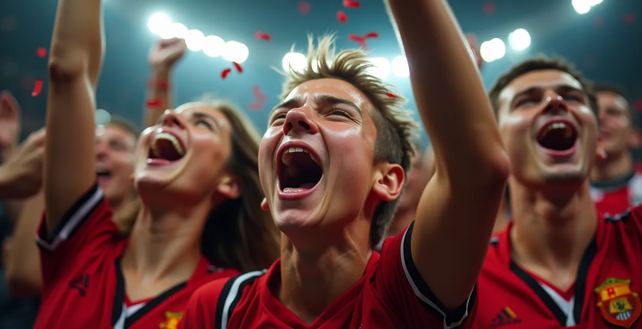 Makroaufnahme von jubelnden Fans beim emotionalen Höhepunkt eines Sportevents mit Konfetti und Lichtstrahlen