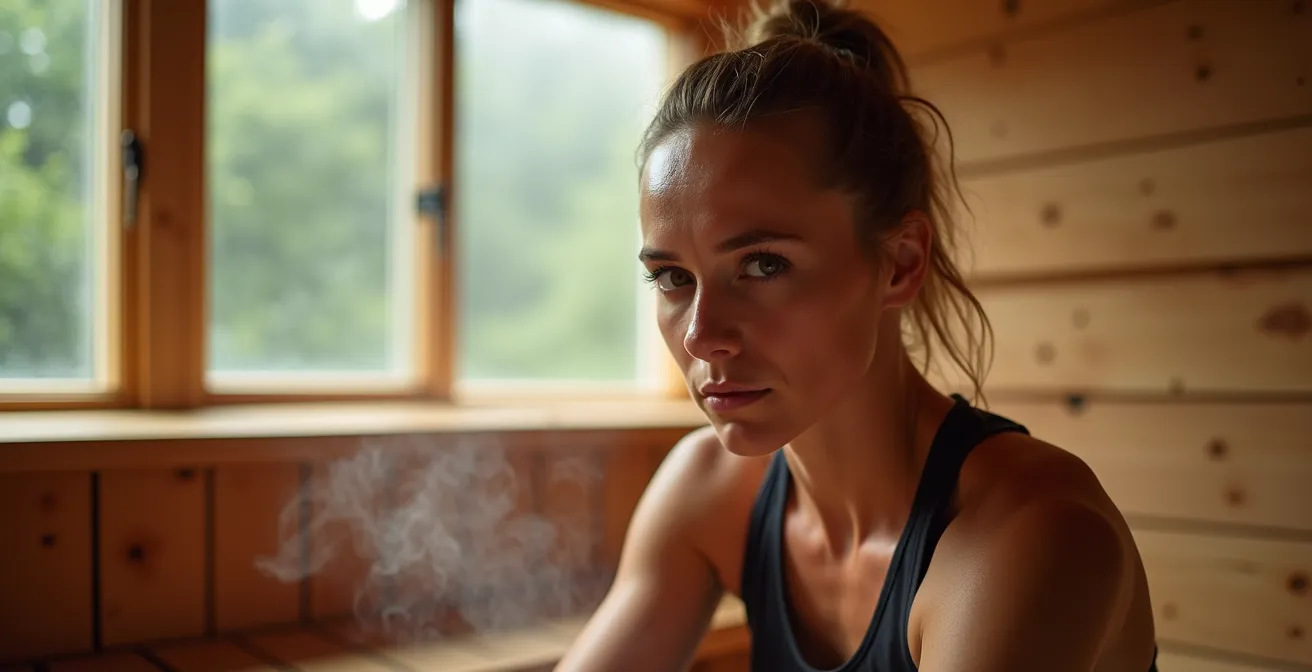 Athlet nutzt eine Sauna in Deutschland zur passiven Hitzeakklimatisierung nach dem Training, um seine Thermoregulation zu verbessern.