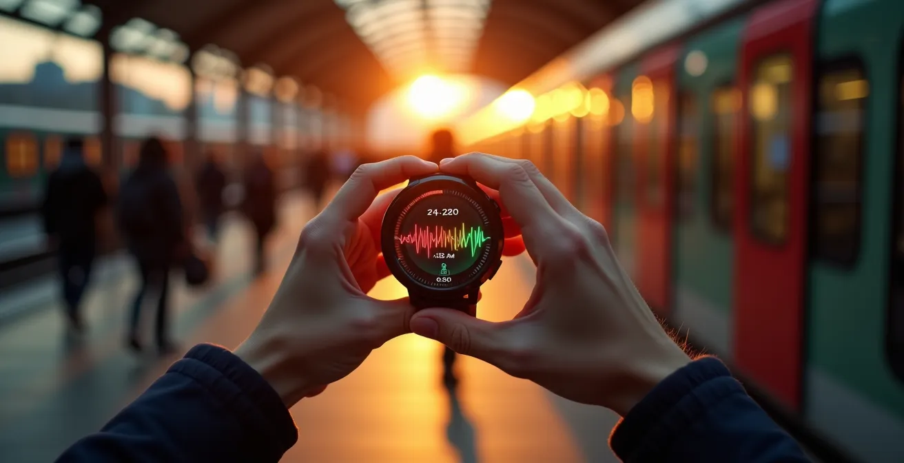 Smartwatch-Display zeigt Stressverlauf während eines typischen deutschen Arbeitstages