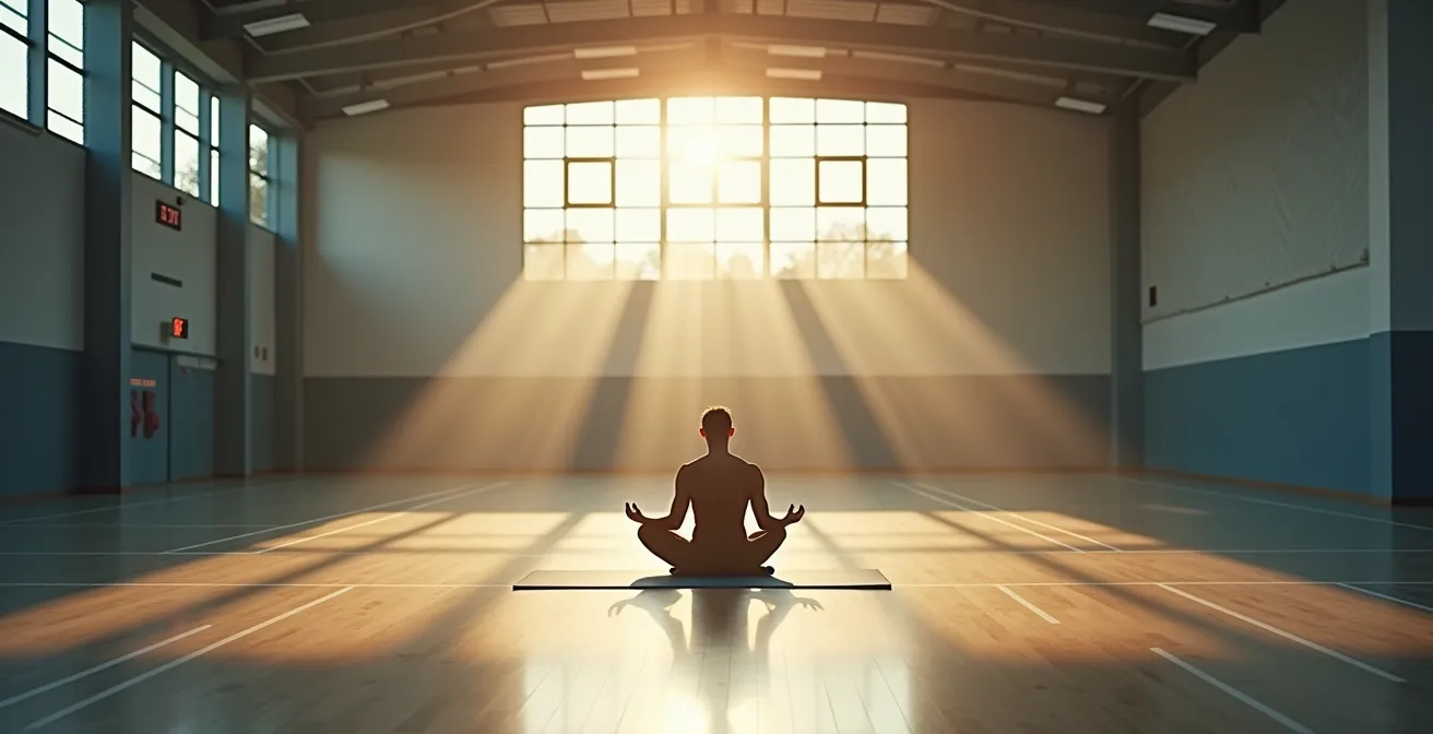 Sportler beim mentalen Training mit geschlossenen Augen in ruhiger Umgebung in einer deutschen Sporthalle