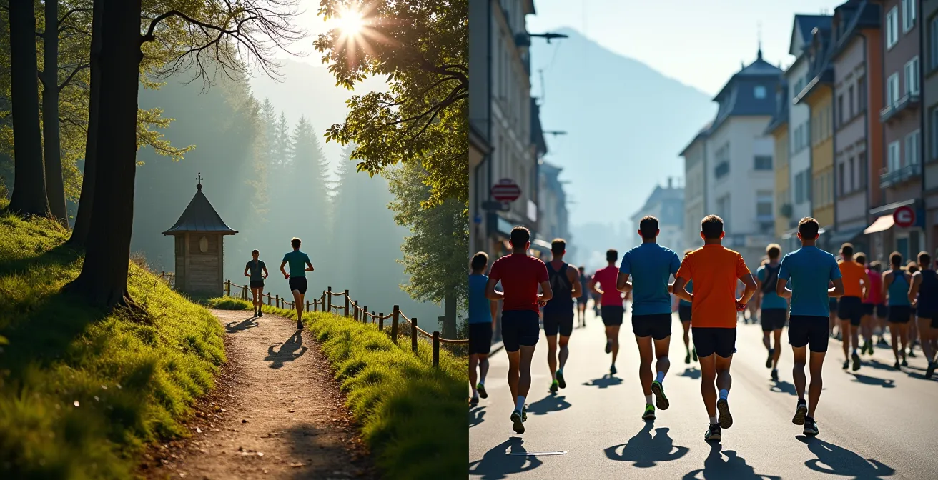 Gegenüberstellung eines kleinen lokalen Berglaufs im Wald und eines überfüllten Großstadtmarathons