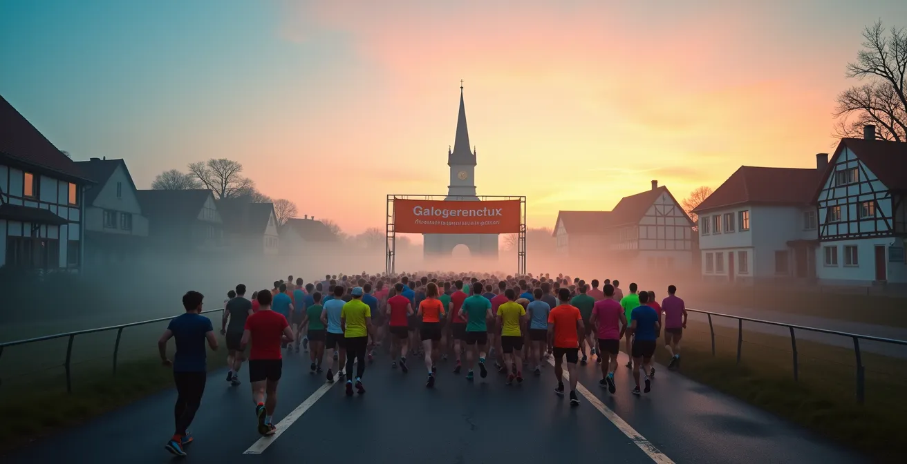 Startbereich eines Volkslaufs mit Läufern unterschiedlicher Altersgruppen in entspannter Atmosphäre