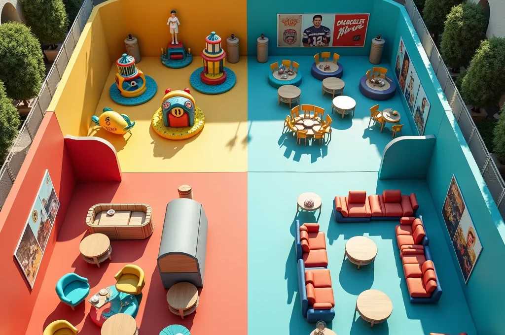 Übersicht verschiedener Erlebniszonen in einem modernen Stadion