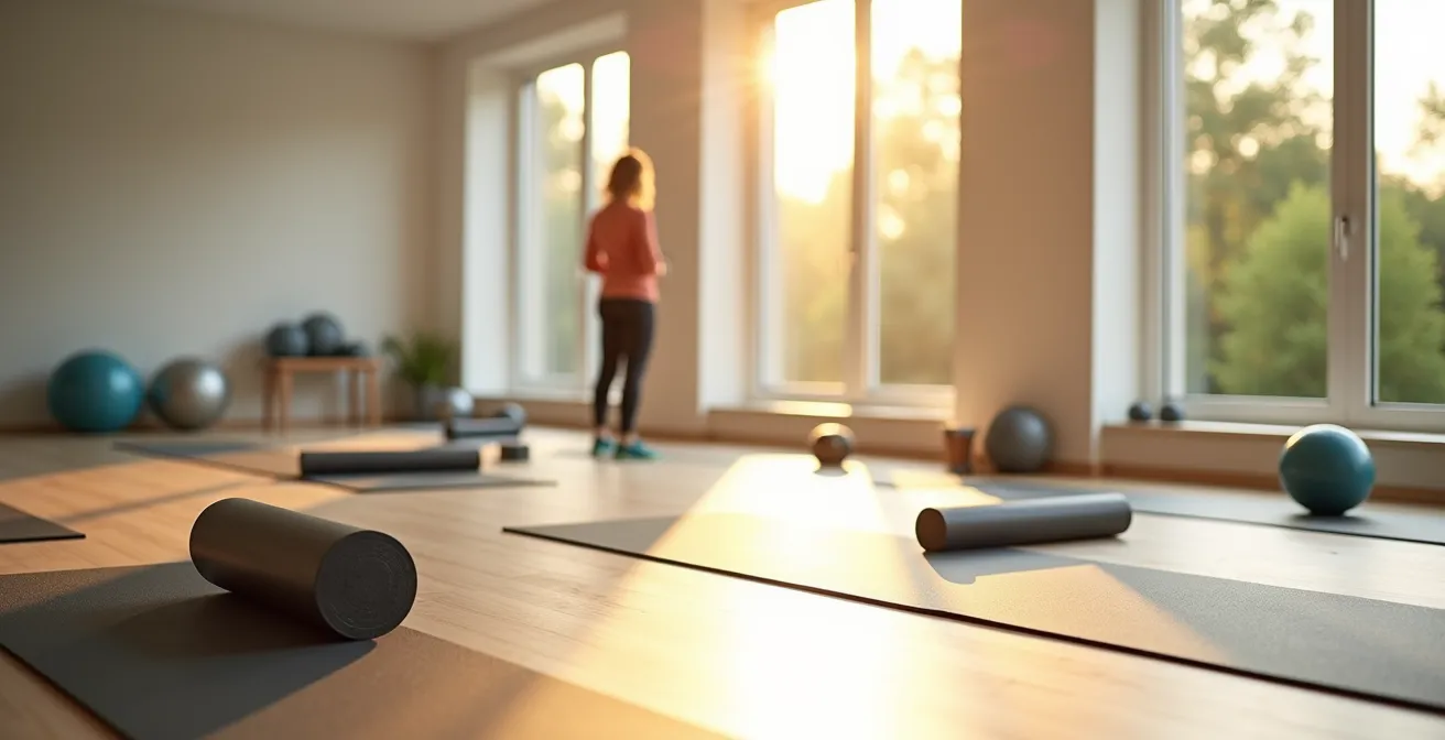 Präventive Übungssequenz mit Theraband in deutschem Fitnessstudio