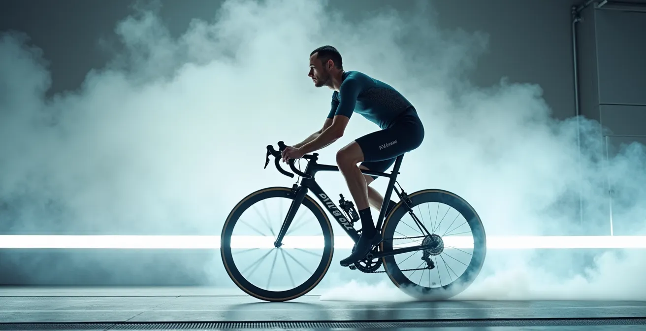 Seitenansicht eines Rennradfahrers in verschiedenen Sitzpositionen im Windkanal