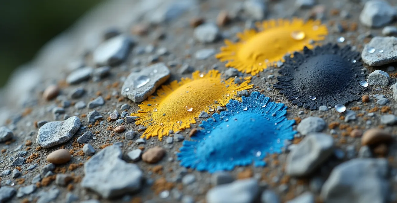 Detailaufnahme alpiner Wegmarkierungen auf Fels mit Farbcodierung für die Sicherheit