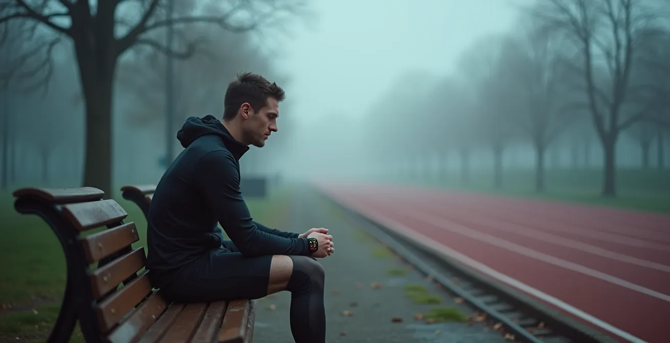 Sportler betrachtet nachdenklich seine GPS-Uhr während einer Trainingspause