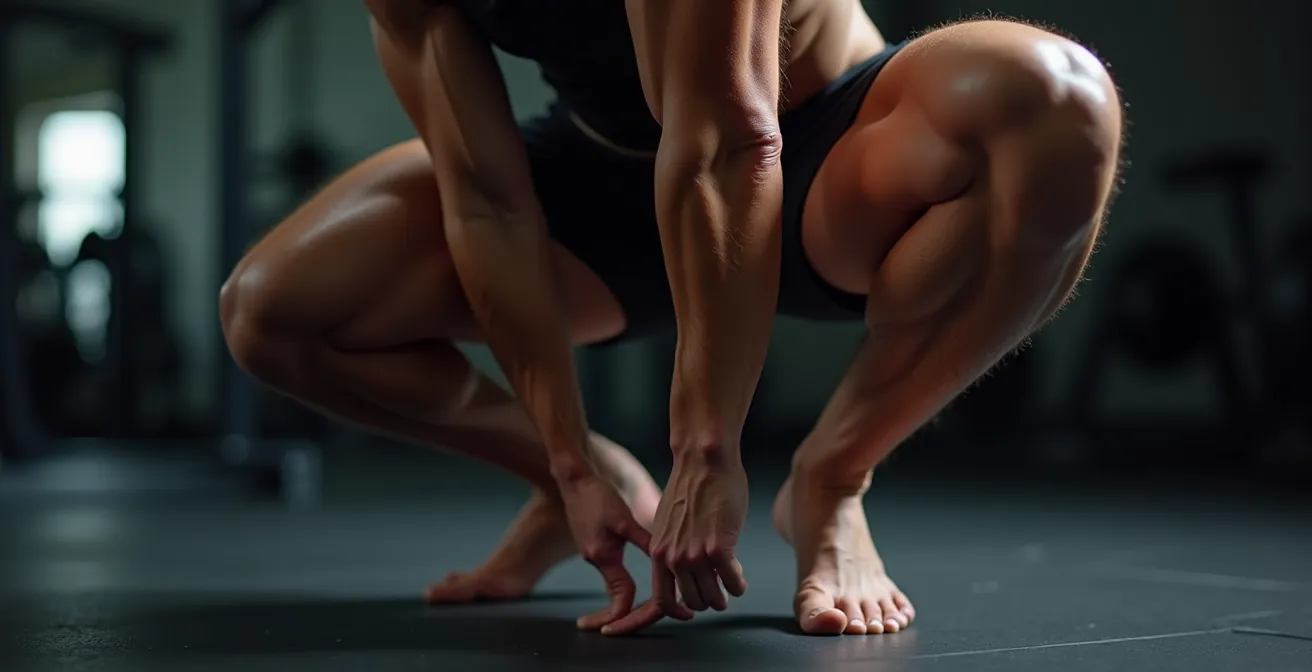 Makroaufnahme der Beinmuskulatur eines Läufers während einer einbeinigen Kniebeuge, die die Muskelspannung und mögliche Asymmetrien hervorhebt.