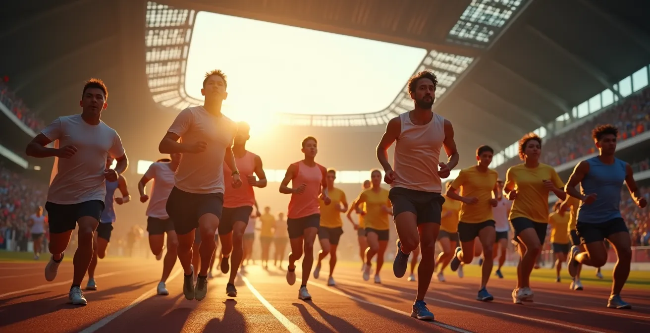 Weitwinkelaufnahme des emotionalen Zieleinlaufs von Firmenläufern ins beleuchtete Olympiastadion