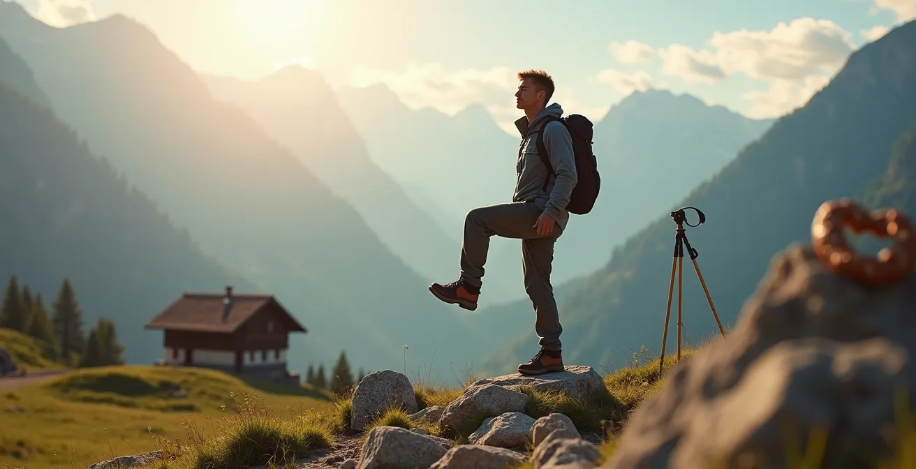 Ein Wanderer in den deutschen Alpen macht eine strategische Pause zur neuromuskulären Regeneration und führt eine Balanceübung durch.