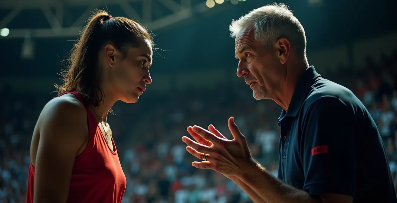 Betreuer und Athlet in stressiger Vorstartsituation mit sichtbarer Anspannung