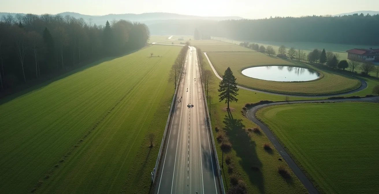 Visualisierung der Blockperiodisierung im Ausdauertraining mit verschiedenen Zonen für Laufen, Radfahren und Schwimmen in einer bayerischen Landschaft