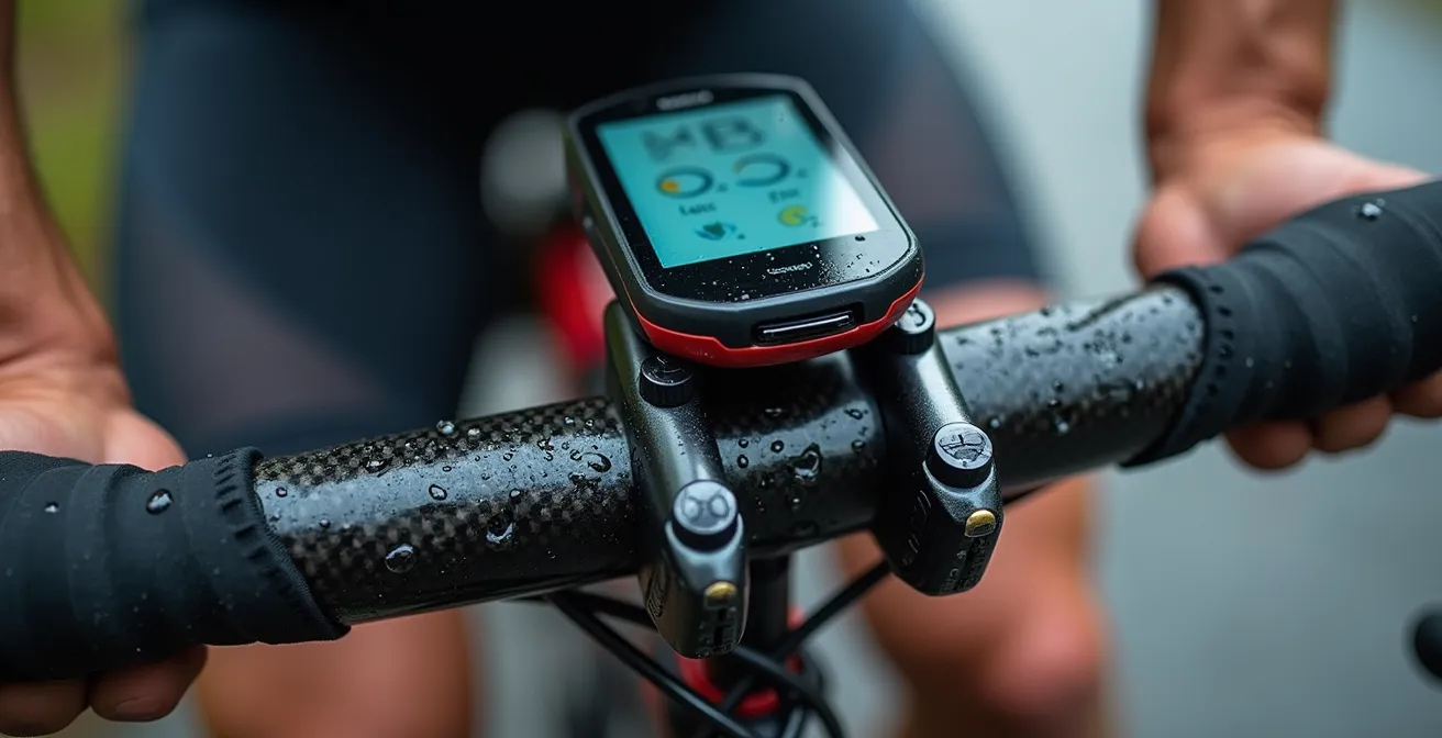 Nahaufnahme von Radcomputer-Display mit Leistungsdaten während eines Aerotests