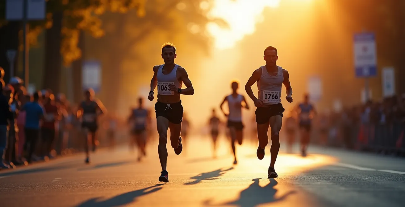 Triathlet beim Challenge Roth zeigt angepasste Lauftechnik bei Ermüdung