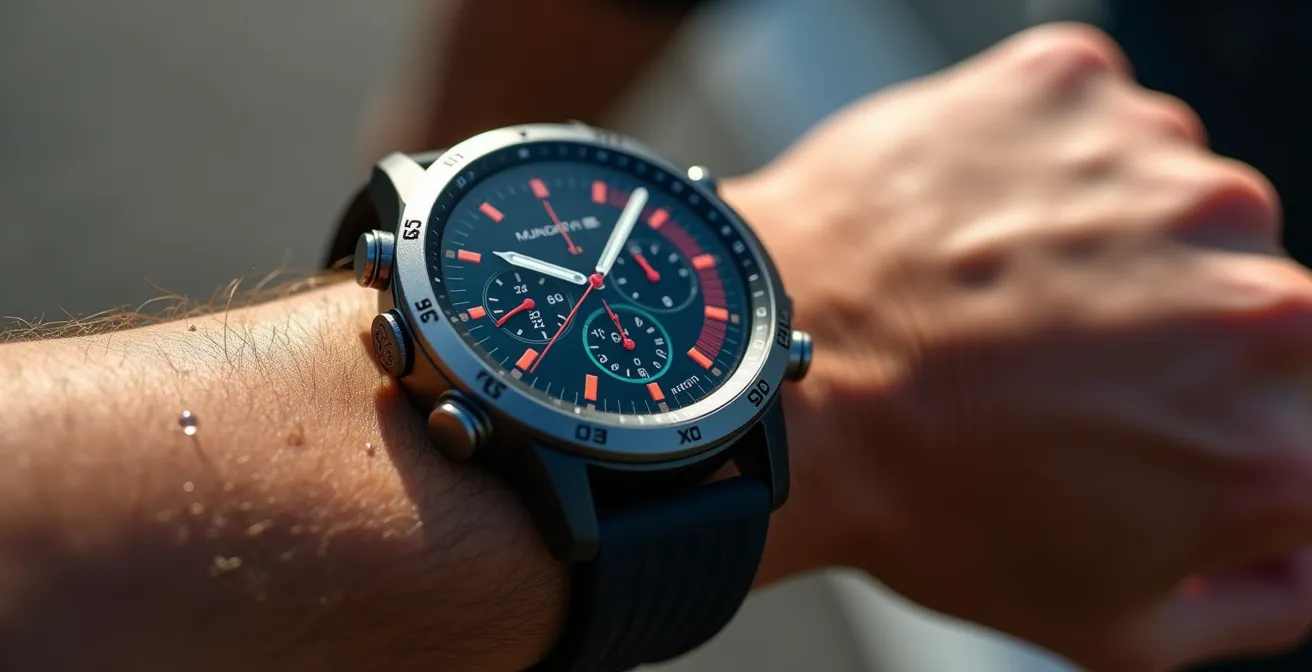 Detailaufnahme einer modernen Laufuhr mit abstrakten Leistungsdaten und farbigen Zonen