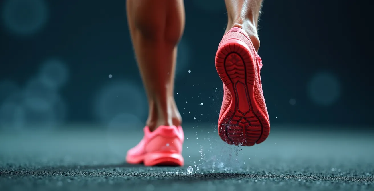 Detailaufnahme der Laufmechanik zeigt elastische Energieübertragung in Sehnen und Faszien