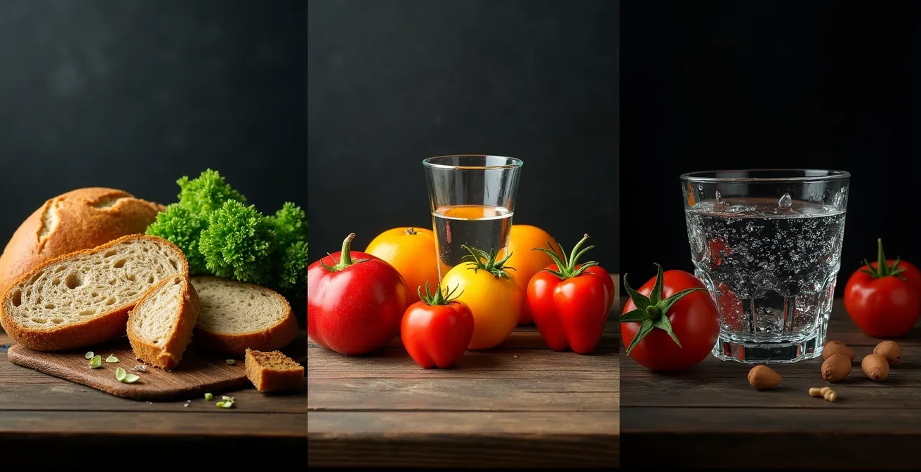 Symbolische Darstellung von drei kritischen Ernährungsfehlern vor dem Wettkampf durch Lebensmittelarrangement