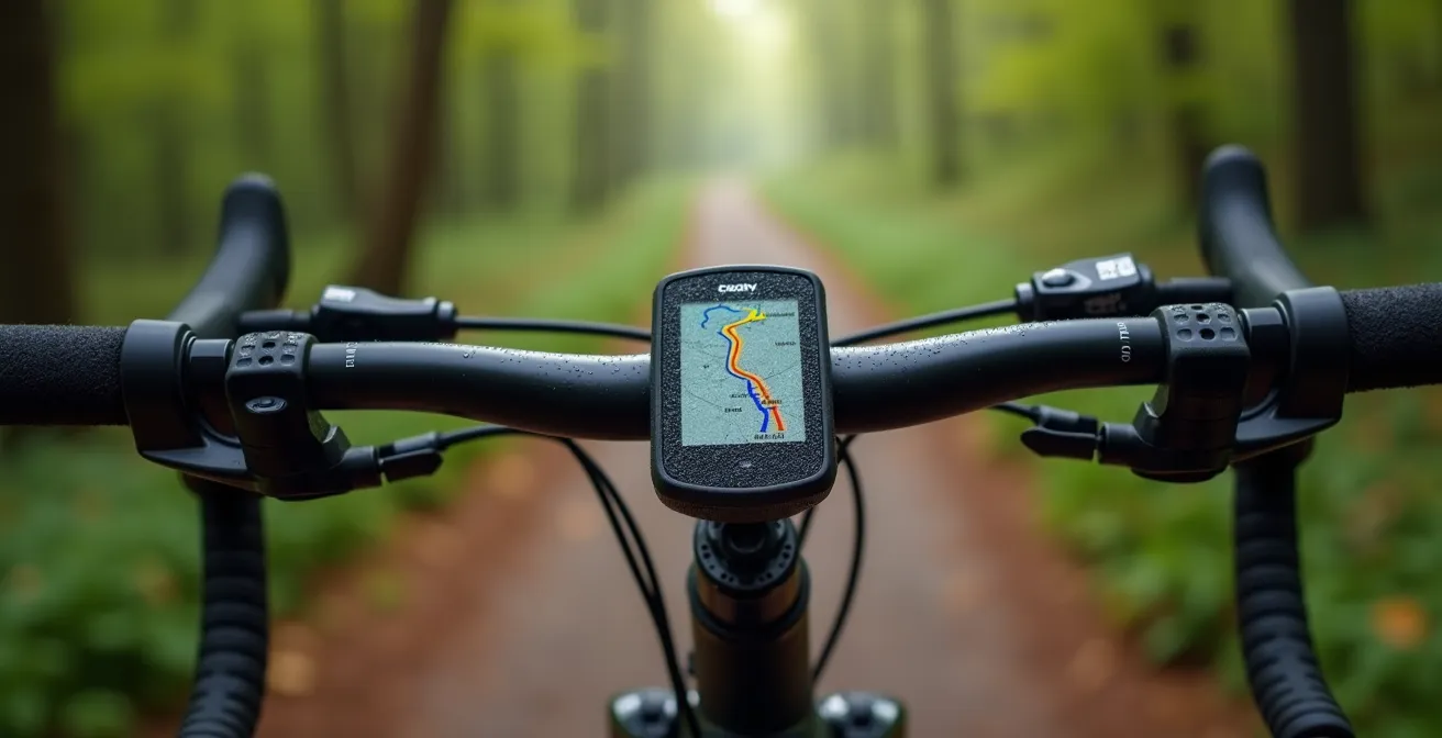 Extreme Nahaufnahme eines Fahrradcomputers, der an einem Lenker montiert ist und eine abstrakte Navigationsroute auf dem Bildschirm anzeigt.