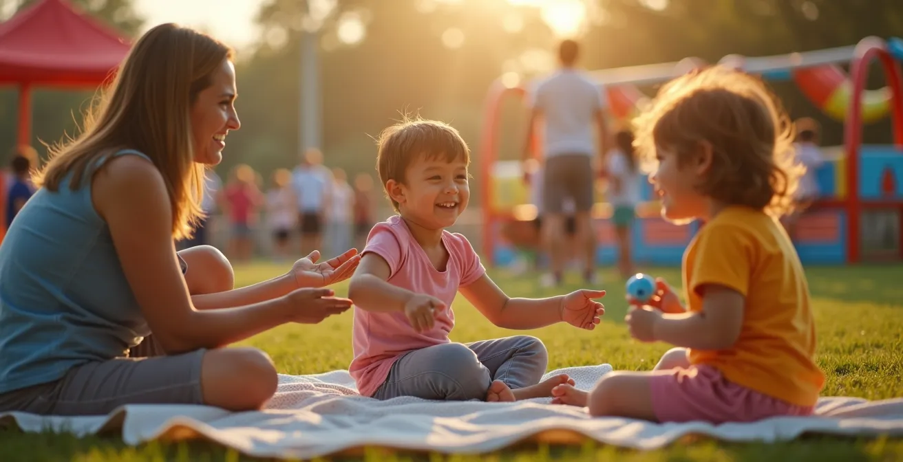 Familienbereich bei Sportevent mit sicheren Spielzonen und entspannten Eltern