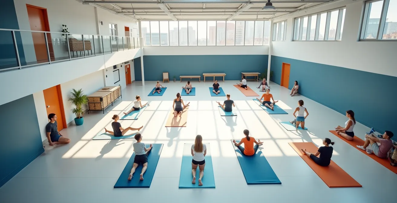 Strukturierte Aufwärmzone mit verschiedenen Trainingsbereichen für Athleten