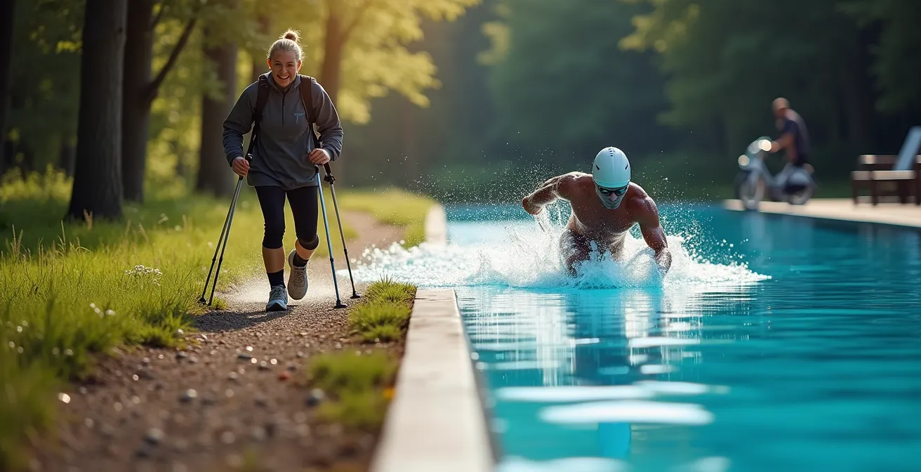 Nordic Walker und Schwimmer im deutschen Freibad nebeneinander