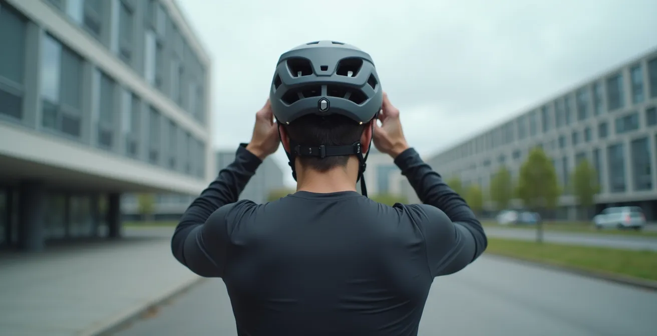 Seitenprofil eines korrekt sitzenden Fahrradhelms mit sichtbarer Riemenführung