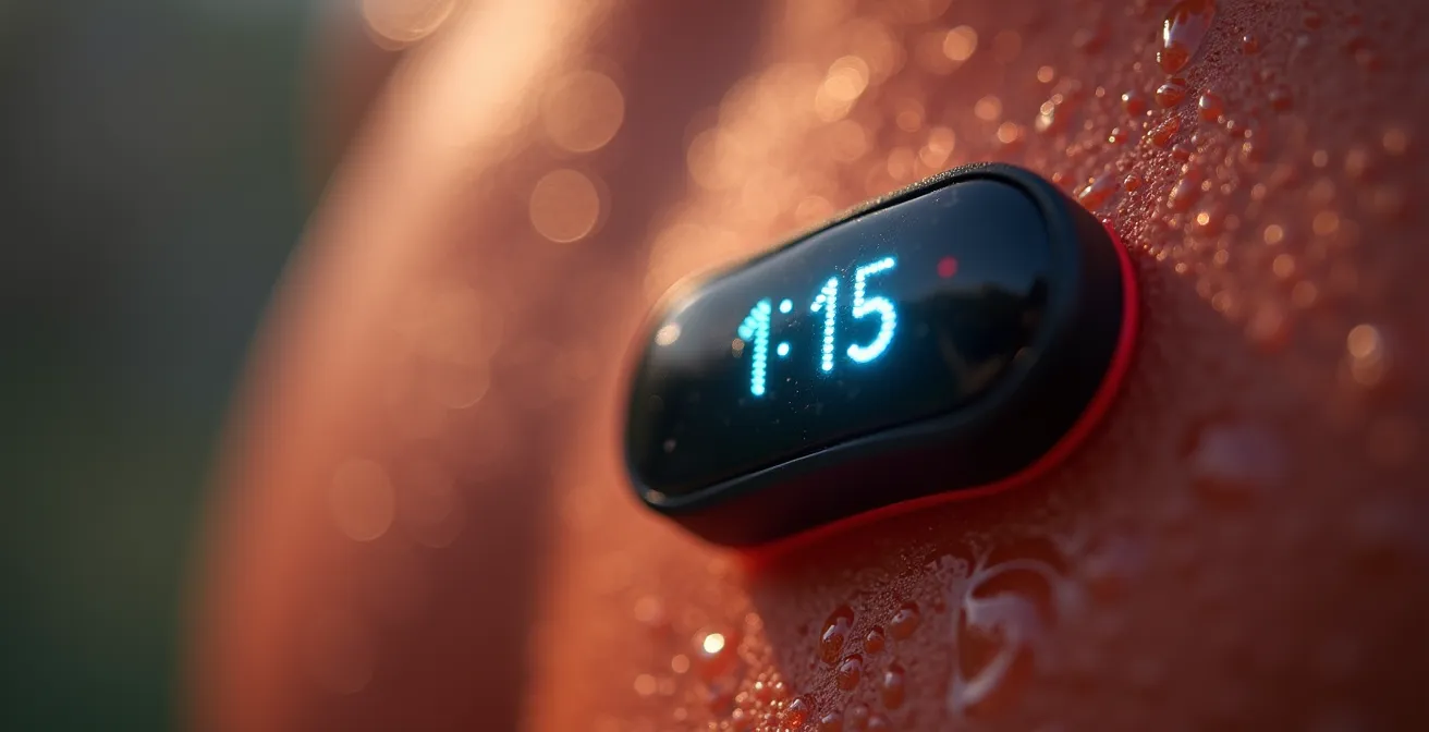 Nahaufnahme eines Herzfrequenzsensors mit abstrakten Datenwellen