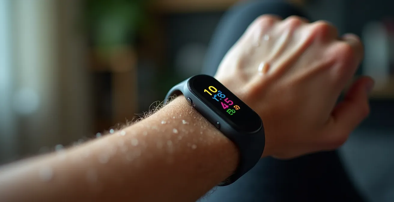 Sportler überprüft Herzfrequenzmesser während des Trainings in häuslicher Umgebung