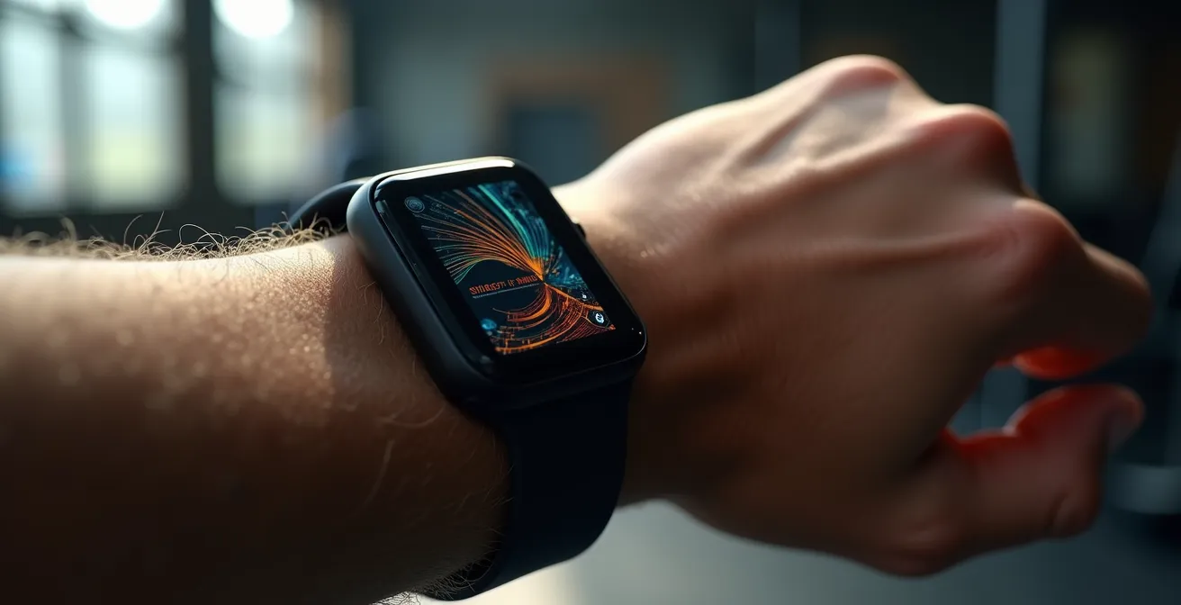 Nahaufnahme einer Smartwatch mit HRV-Anzeige am Handgelenk eines Sportlers