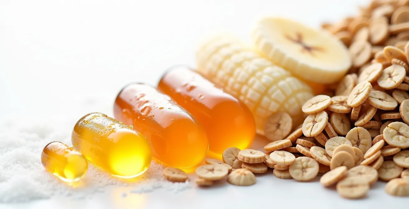 Makroaufnahme verschiedener Kohlenhydratquellen für Sportler - Gels, Riegel und natürliche Lebensmittel