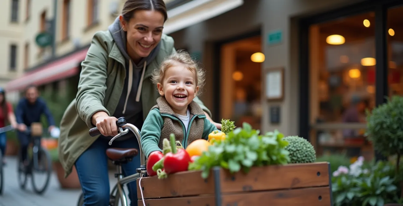 Eine junge Familie in Deutschland nutzt ein Lastenrad für den Einkauf und integriert so nachhaltige Mobilität und Training in den Alltag.