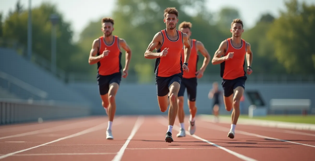 Läufergruppe beim koordinierten Techniktraining auf der Laufbahn