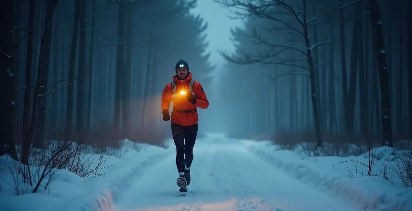 Läufer mit Stirnlampe und Reflektoren auf verschneitem deutschen Waldweg
