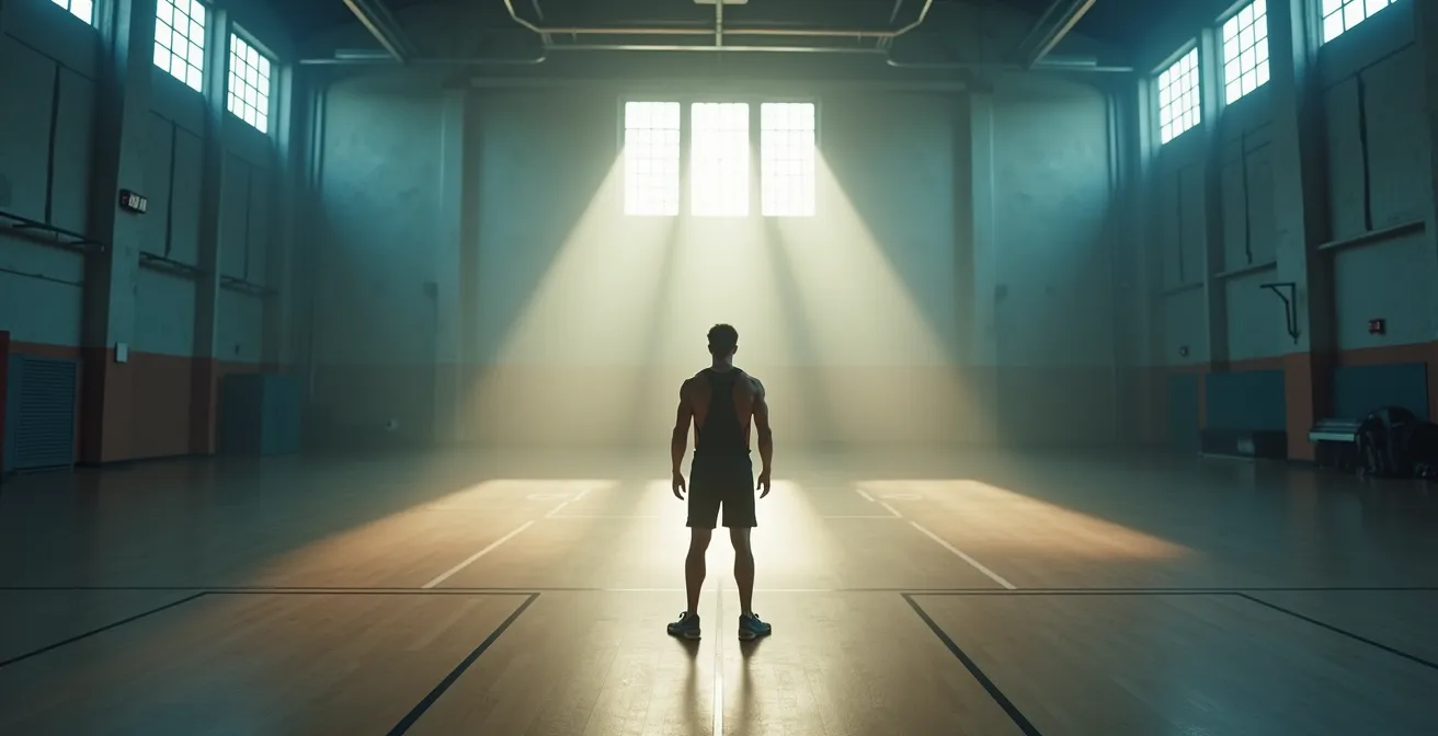 Weitwinkelaufnahme eines Athleten allein in einer leeren Traininghalle bei Sonnenaufgang